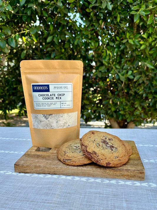 Bag of Andrea’s Bakehouse organic chocolate chip cookie mix and a plate of homemade cookies