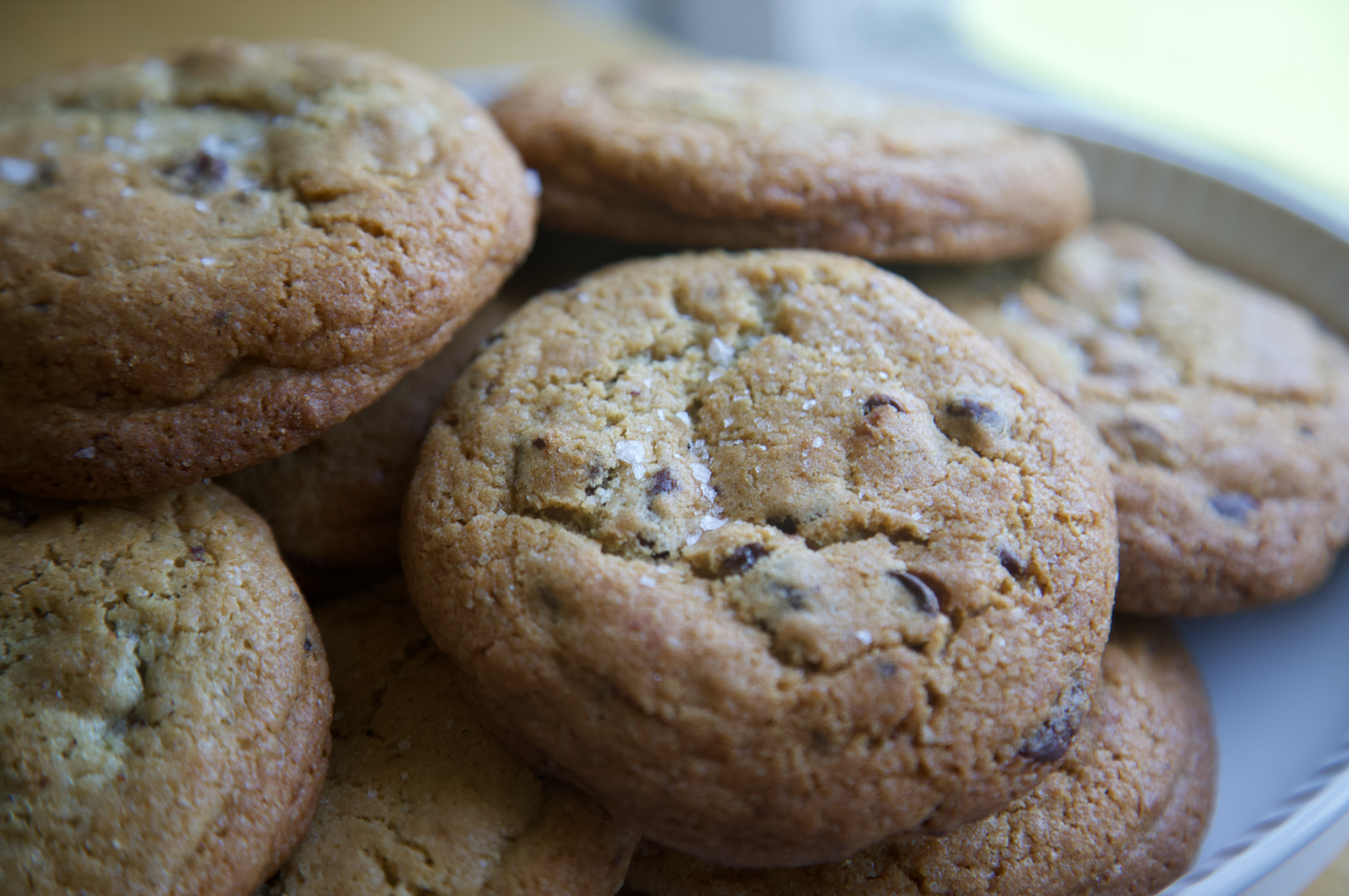 Stack of homemade chocolate chip cookies baked from Andrea’s Bakehouse mix.